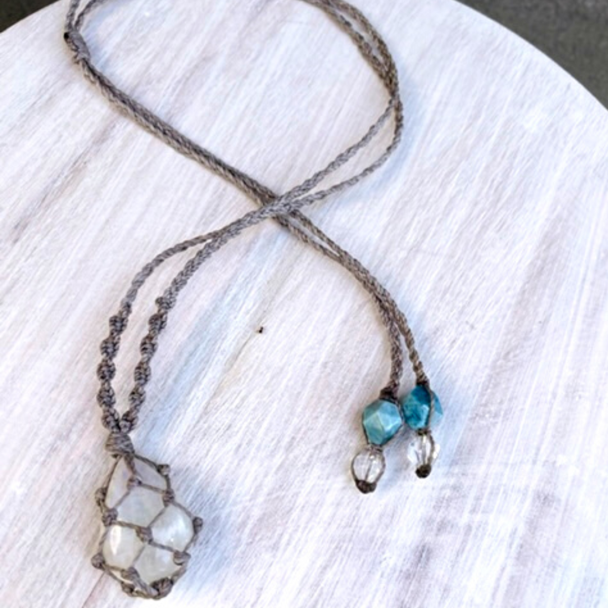 Macrame Crystal Gemstone Necklace | Rainbow Moonstone +  display picture 2