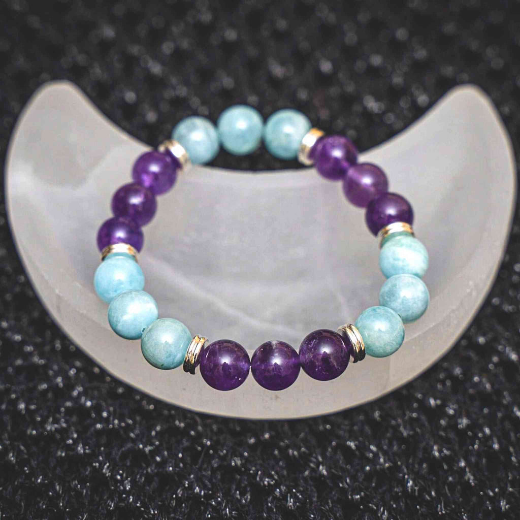 Amethyst & Aquamarine Bracelet In Moon Shape Selenite Bowl | Bracelet & Bowl Set
