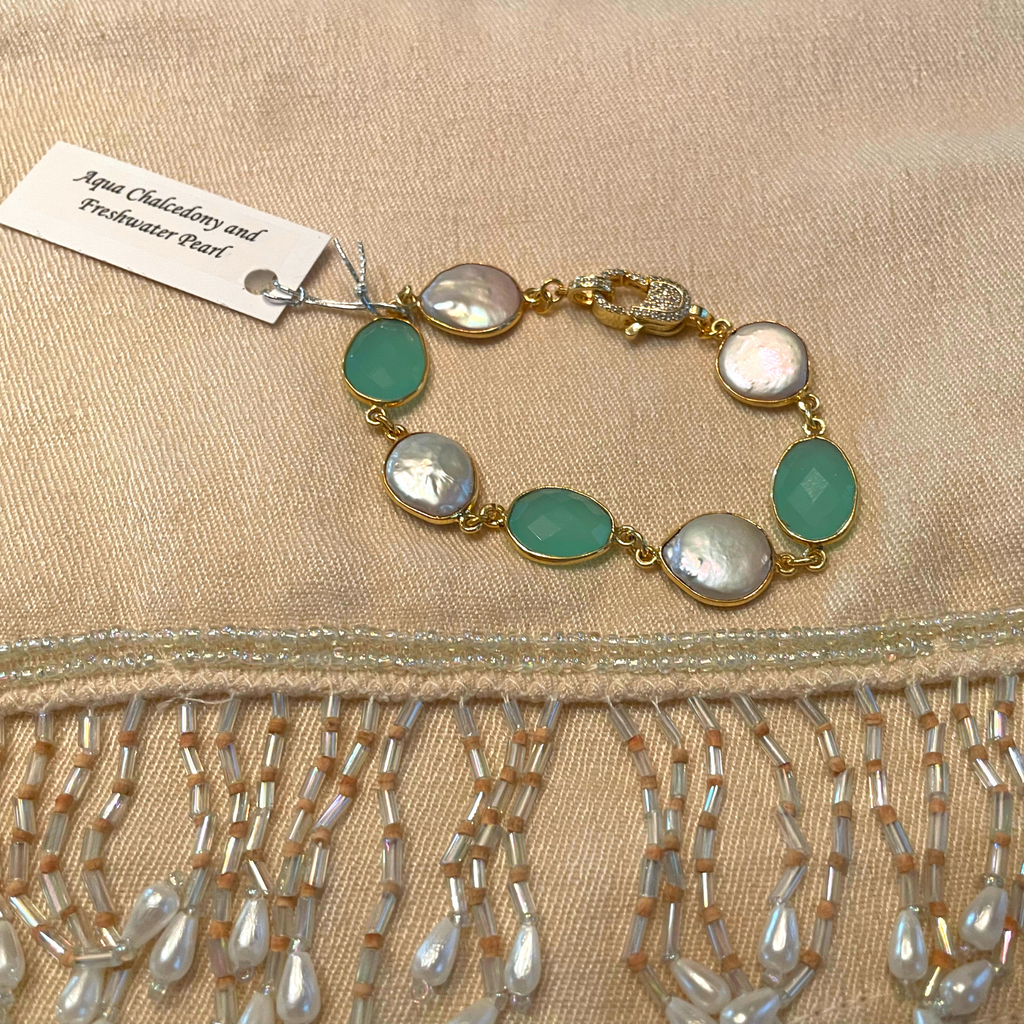 Aqua Chalcedony & Freshwater Pearl Gemstone Bracelet