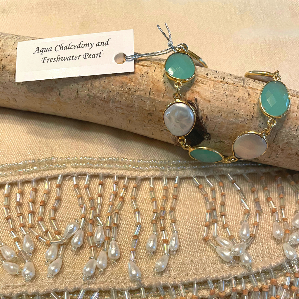 Aqua Chalcedony & Freshwater Pearl Gemstone Bracelet