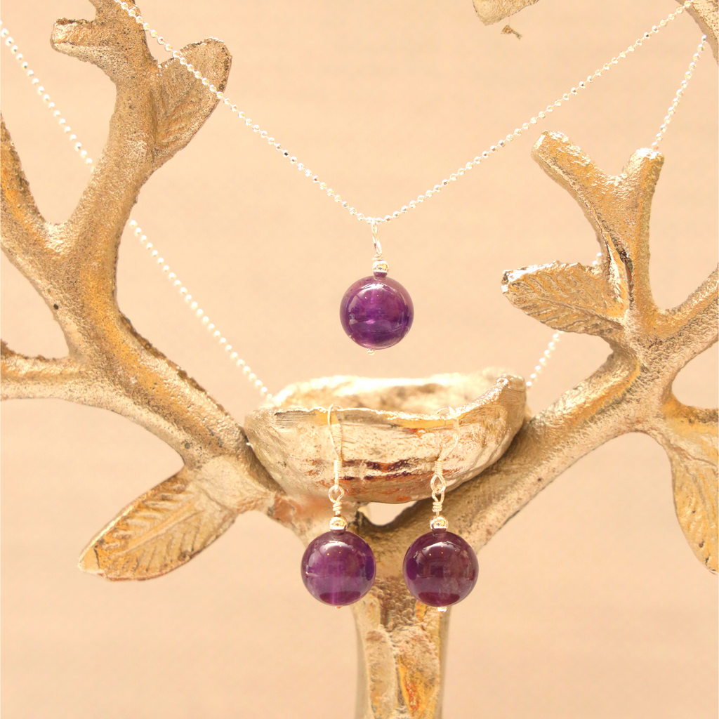 Amethyst Gemstone Earrings & Necklace | Set