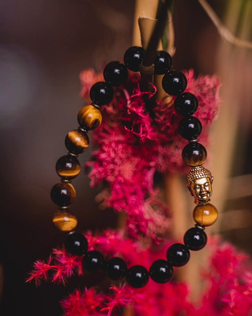 Tigers Eye & Onyx Bracelet with Gold Buddha Charm