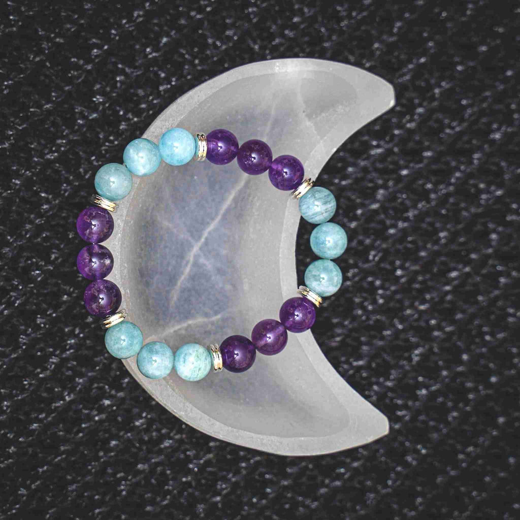 Gemstone Necklace and Selenite Bowl Set, Amethyst and Aquamarine Gemstone Bracelet , Moon Shaped Selenite Bowl Set, Crystal Bracelet set