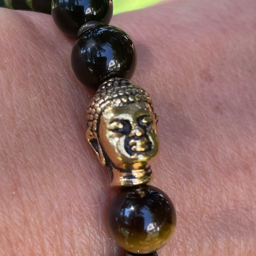 Tigers Eye & Onyx Bracelet with Gold Buddha Charm