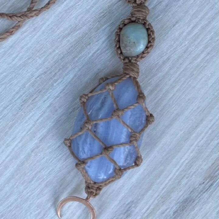 Blue Lace Agate Necklace is adjustable and can be worn long or short. It is hand knotted and made with a strong, smooth waxed Rose Beige Cord Larimar and Aquamarine bead details (Rose Gold Vermeil Crescent Moon Charm)