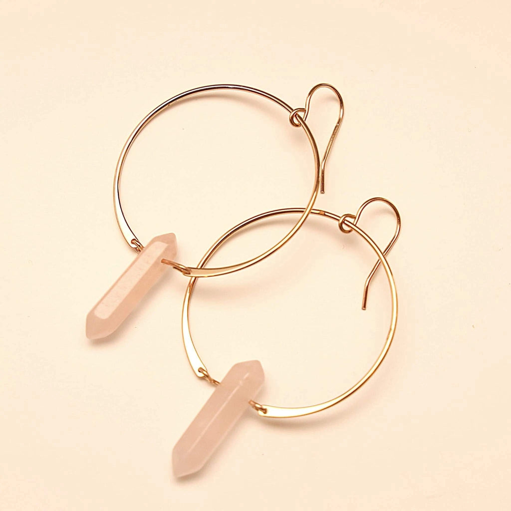 These double pointed crystal earrings are handcrafted out of 18kt gold over sterling silver Each polished gemstone is roughly 1&quot; x 0.25&quot; wide - . se Hoop Approx 1.5&quot;