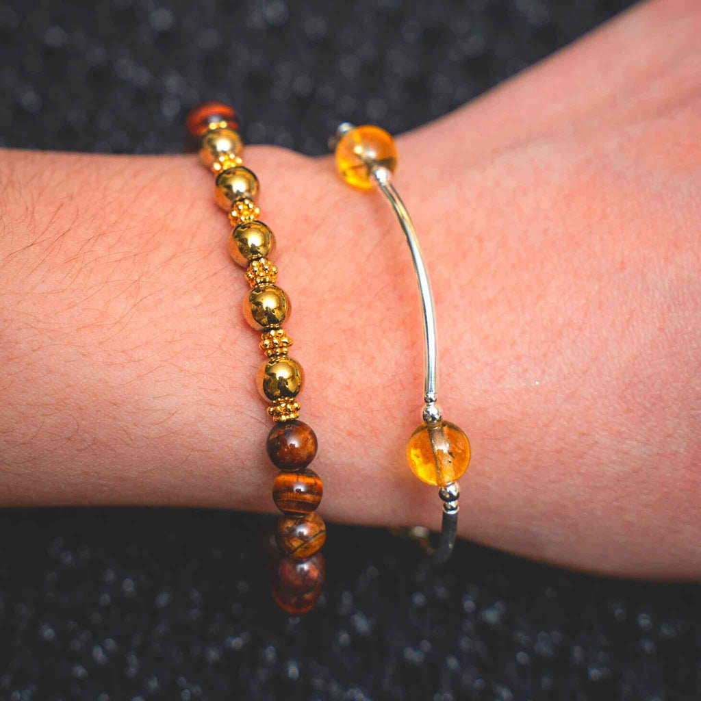 Intention bracelets set. Tiger’s Eye & Pyrite Bracelet and a Citrine Blessing Bracelet - (Set Of 2) Both are 7.5&quot; stretch nylon to fit most with 8mm stones.