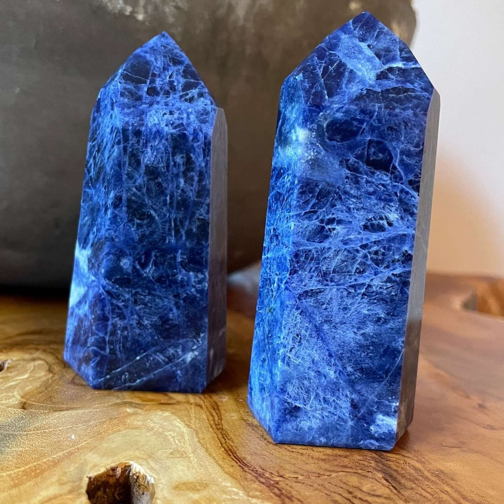 Sodalite Crystal Tower - Sodalite Point - Crystal Obelisk - Healing Crystal - Meditation Stones (2 Sizes Available). Size #1: 3 3/4 inches x 1 1/8 inches Weight: .171 kg. Size #2: 3 1/2 inches x 1 1/8 inches weight: .166 kg