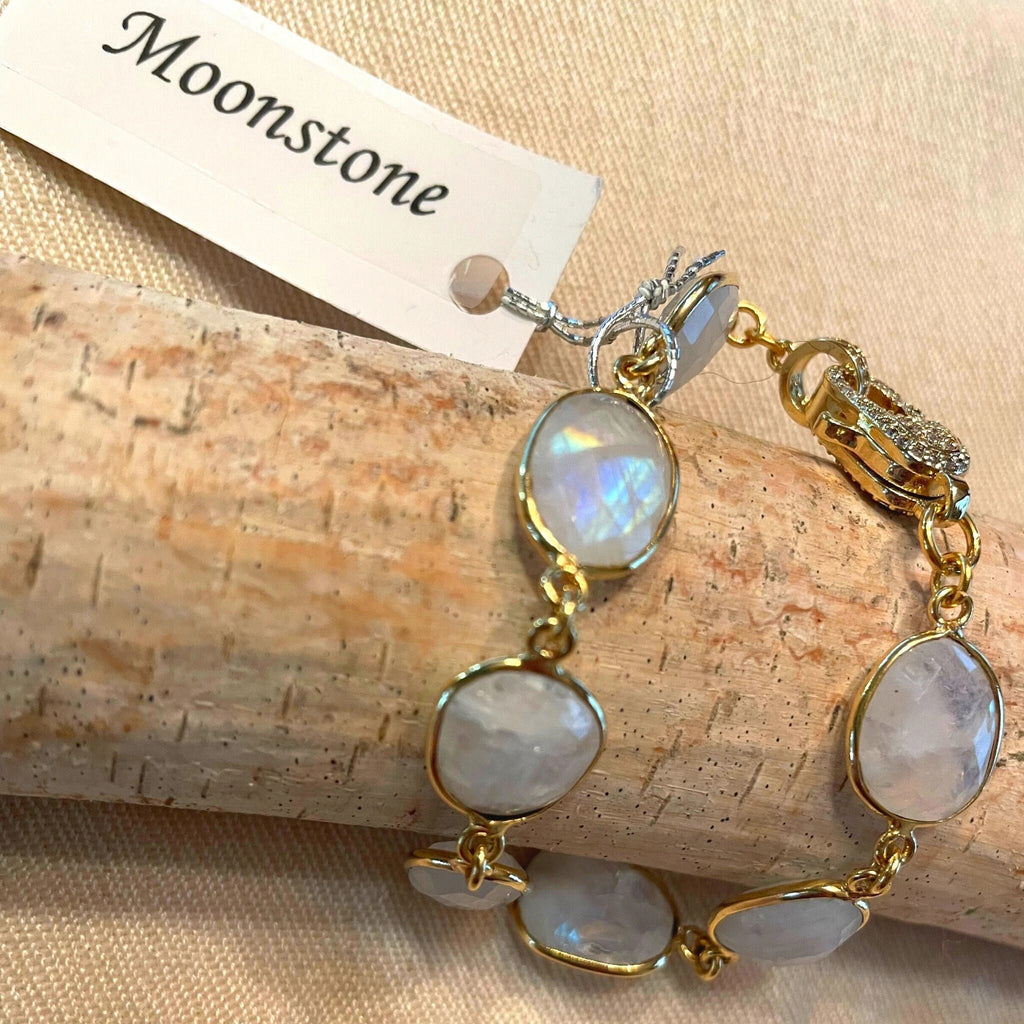 Moonstone Rock Candy Gemstone Bracelet. Faceted Moonstone gemstones individually linked together in a gold plated chain, complimented by a sparkling 15mm pave clasp.