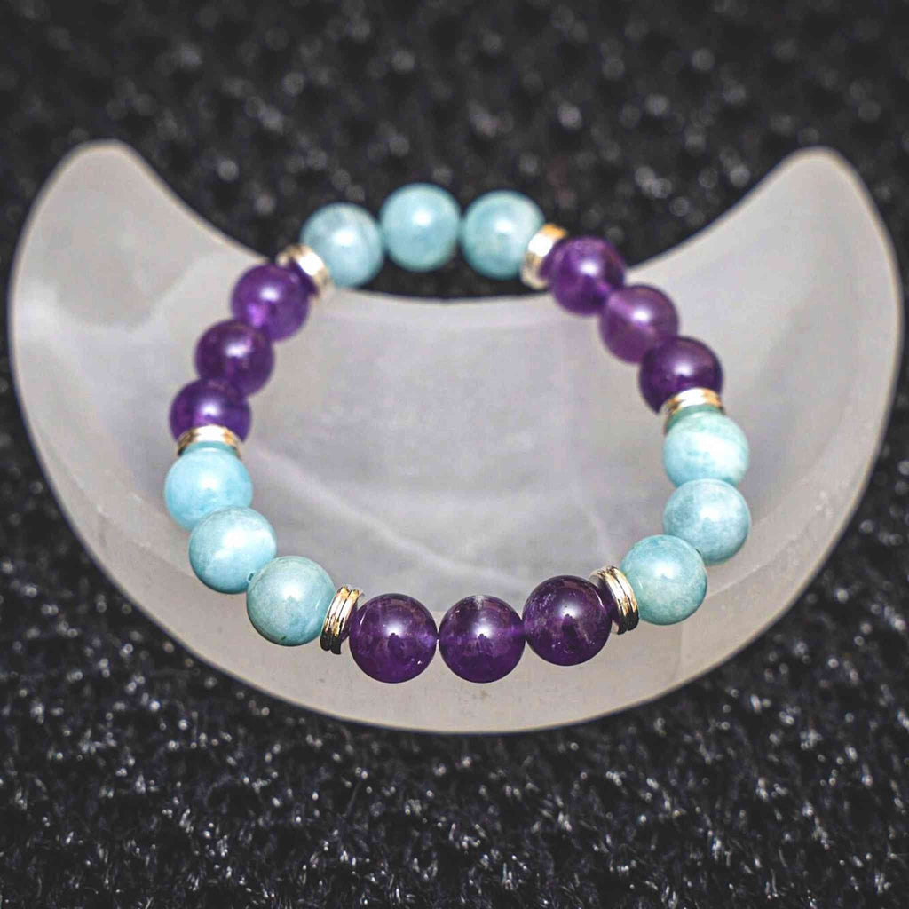 You are viewing &quot;Amethyst and Aquamarine Bracelet and Moon Shape Selenite Bowl Set 10mm Amethyst and Aquamarine bracelet Includes Moon Shape Selenite Bowl!