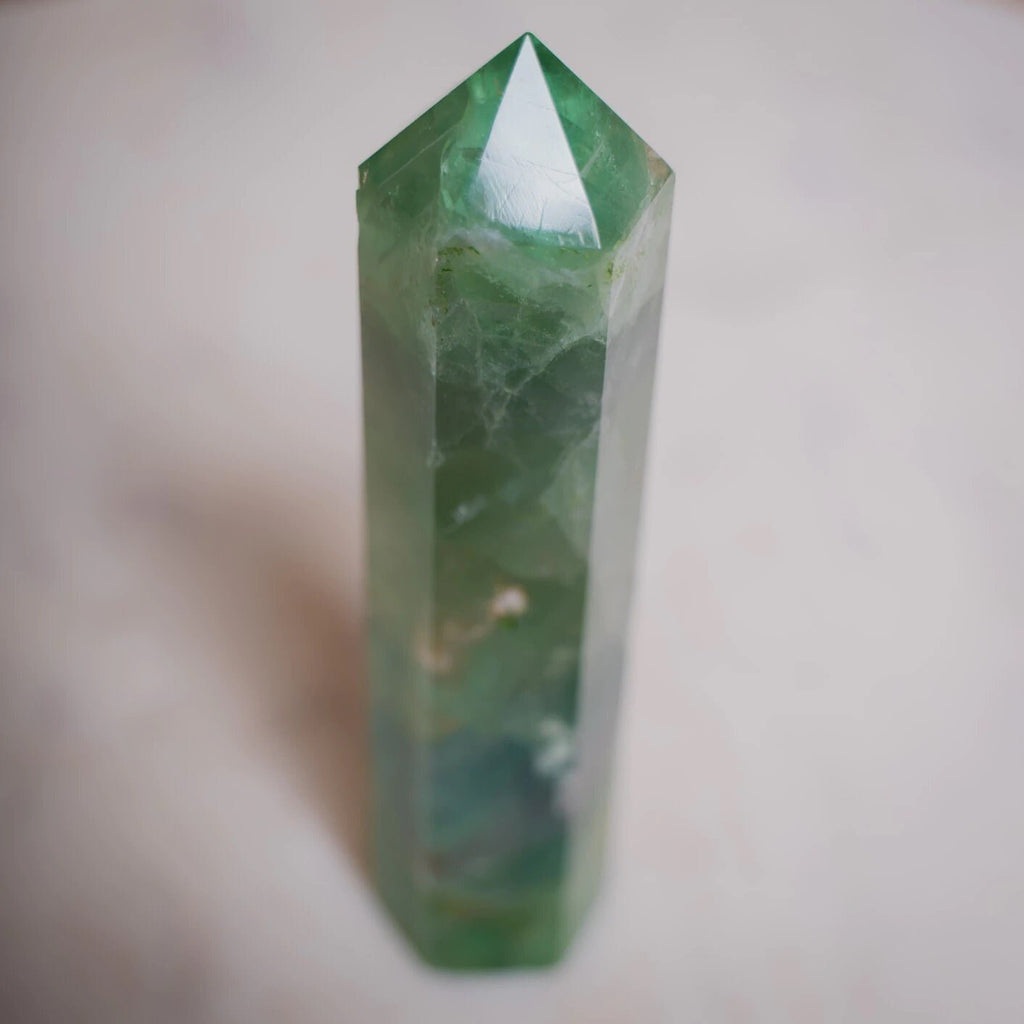 You are viewing &quot;Alluring Green Fluorite Crystal - Natural Polished Crystals Point - Stylish Protective Stones in Freeform - Best for Peace & Comfort Length: 6 3/4 in. 1.5 width Weight: .535 kg , 1.18 lbs