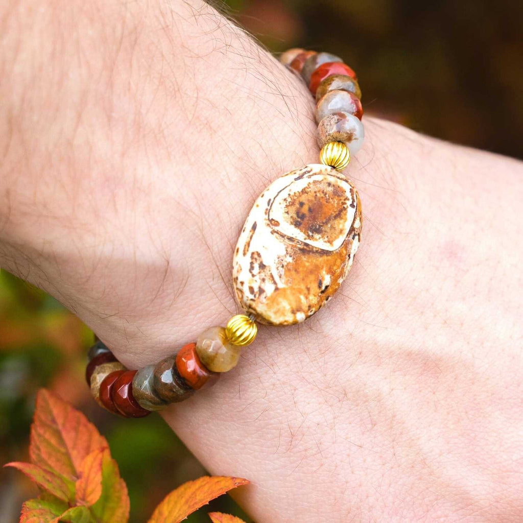 Gemstone Picture Jasper Bracelet with 14k Gold Spacers and Druzy Spacer. This bracelet has beading of intricate lines and color variations of brown/tan variations.