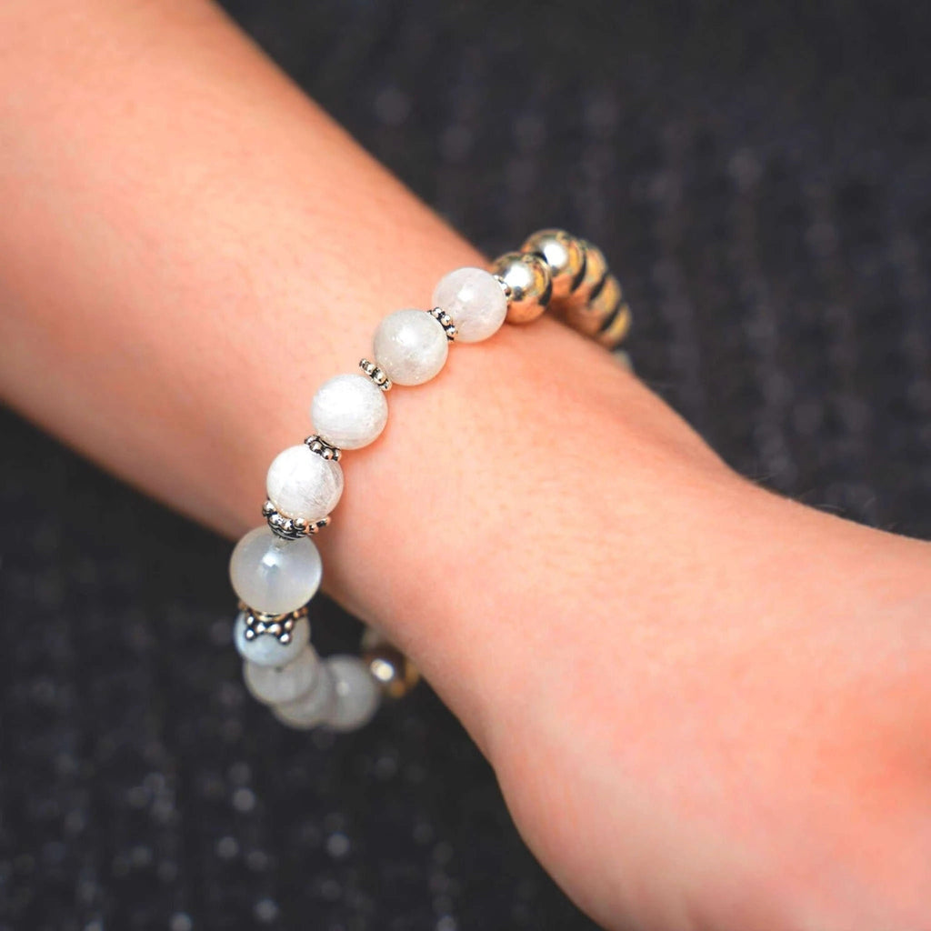 Our &quot;Moonstone beaded intention bracelet - Handmade Our Moonstone bracelet is beautifully designed with silver stones and round silver beads and an &quot;I am&quot; charm in 925 silver which reminds us that our lives ebb and flow