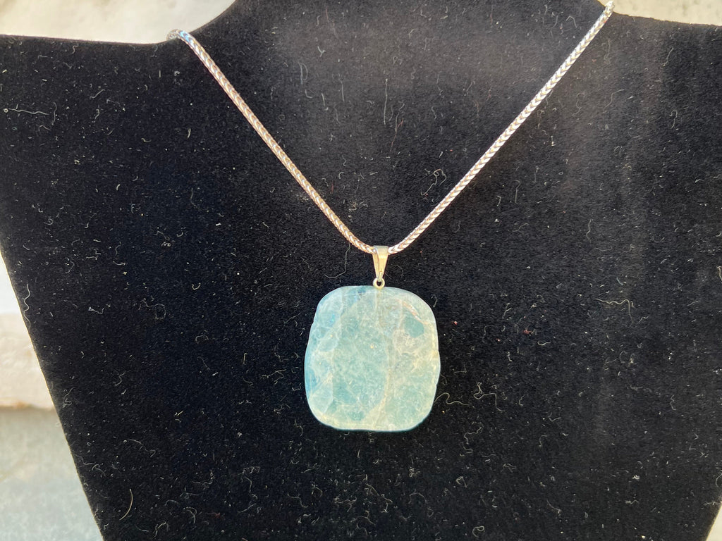 Polished Aquamarine Pendant Necklace, Aquamarine Slab Necklace, Aquamarine pendant on 18" Chain March Gemstone Birthstone Necklace