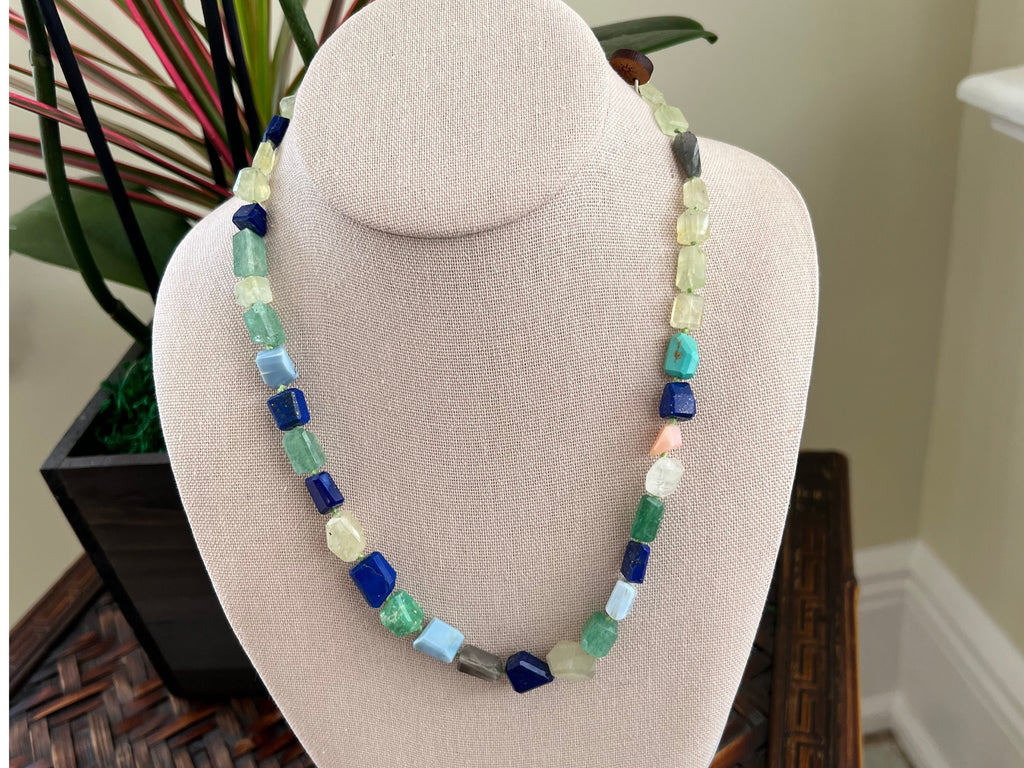 This amazing hand crafted &quot;Melting Pot&quot; Necklace is made of &quot;casually&quot; cut 6mm semi-precious graduated cut gemstones including: Ruby Zoisite, Lapis Lazuli, Turquoise, Green Apatite, Chrysoprase, Mexican Fire Opal, Peach Kyanite.
