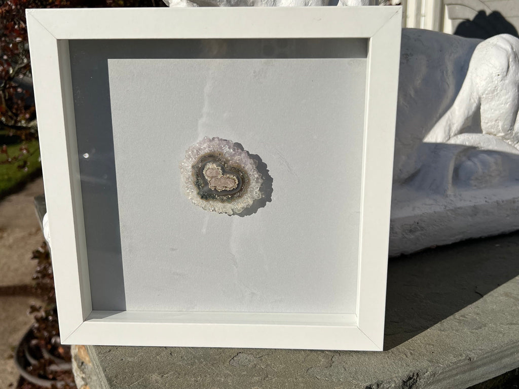 Handmade Amethyst home decor gift You will love your beautiful, natural, ethically sourced, large white amethyst stalactite slice displayed in a White Frame Shadow Box for hanging on your wall.