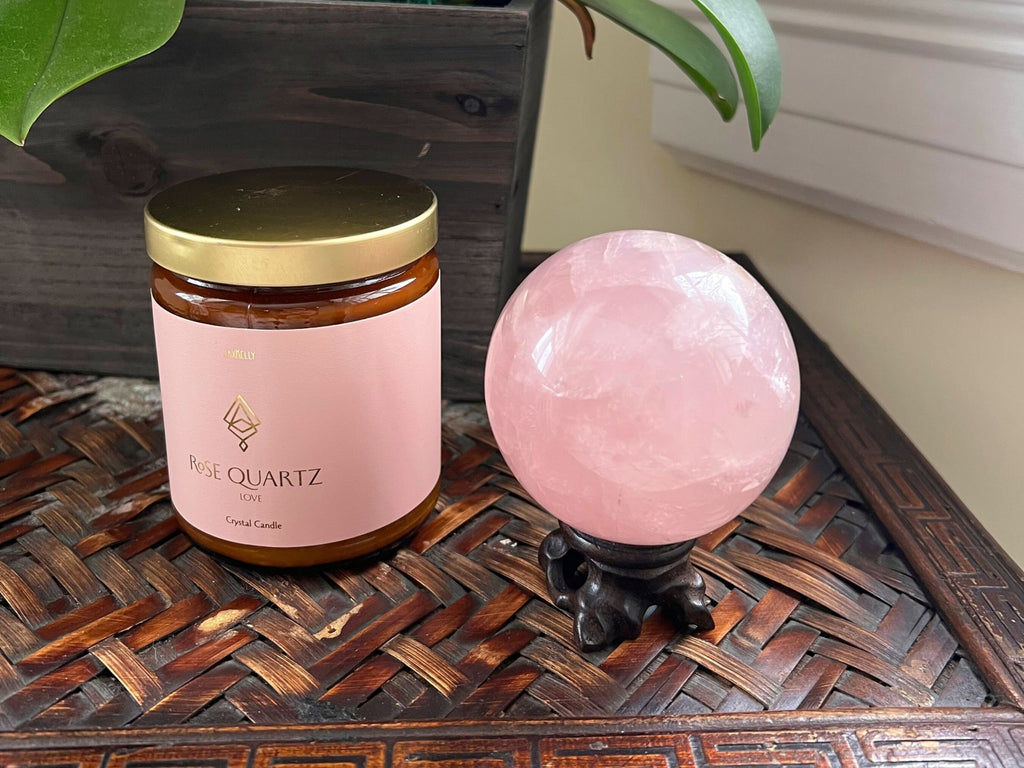 Rose Quartz Sphere Gift Set, Gemstone Rose Quartz Gift Set, Crystal Sphere and Candle, Rose Quartz Crystal Candle, Rose Quartz Sphere Gift