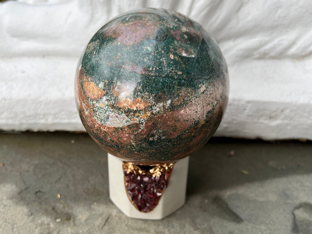 High Quality Ocean Jasper Sphere On Crystal Stand, Ocean Jasper Crystal Ball, Polished Ocean Jasper Sphere, Rare Ocean Jasper Sphere