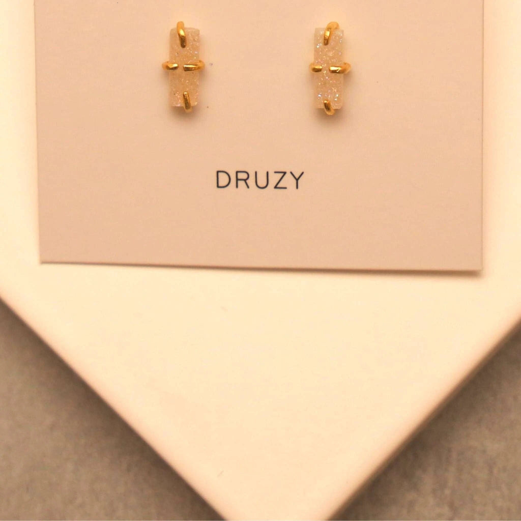 Druzy Ear Studs - Gold Genuine Druzy Crystal Stud Earring - Genuine White Druzy Quartz Gemstones