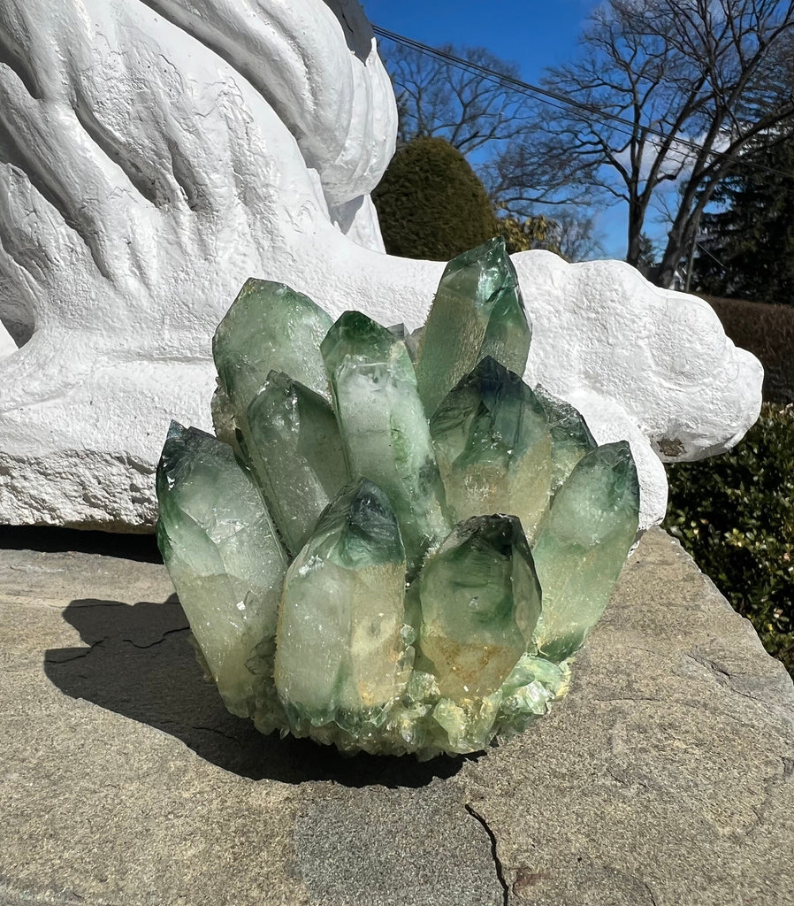 This Green Chromium Quartz Crystal Cluster is a pale to darker mint green crystal that ranges from translucent to opaque. Chromium minerals were added to quartz (lab) to create this magical crystal. Clear Quartz is heated under high-powered water.
