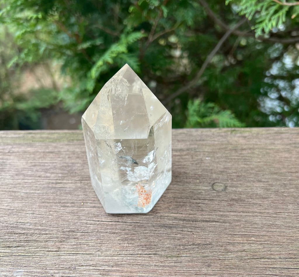 This gem quality citrine tower is a gorgeous champagne color. It has great clarity and lovely rainbows. Citrine is known as the stone of revitalization, promoting creativity, hope, and dreams. It helps you live a more profound and full life.